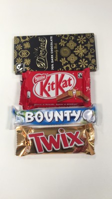 fairtrade chocolate bar, bounty, twix, KitKat 