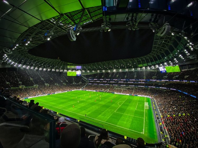 Football match in a packed stadium